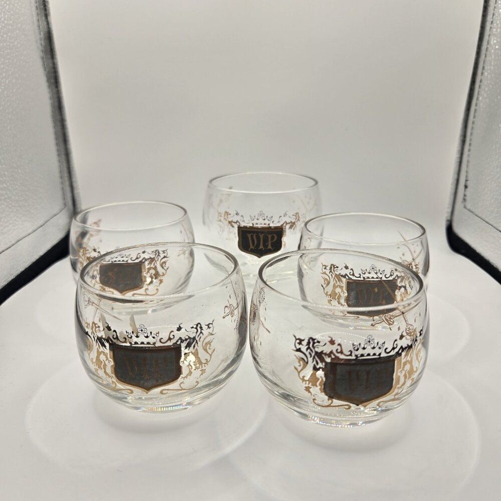 Vintage MCM VIP Roly Poly Cocktail Glasses Set Barware Black Gold